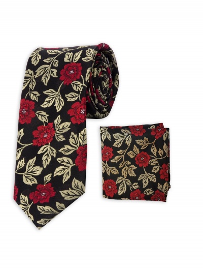 Set Krawatte und Tuch schwarz Blumenmuster