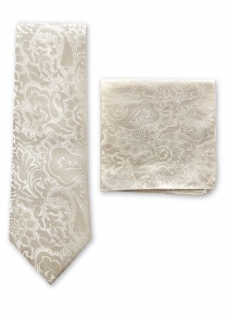 Set stropdas en herenzakdoek paisley motief ivoor