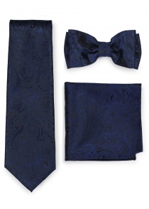 Set: Krawatte, Schleife, Ziertuch Paisleymotiv dunkelblau