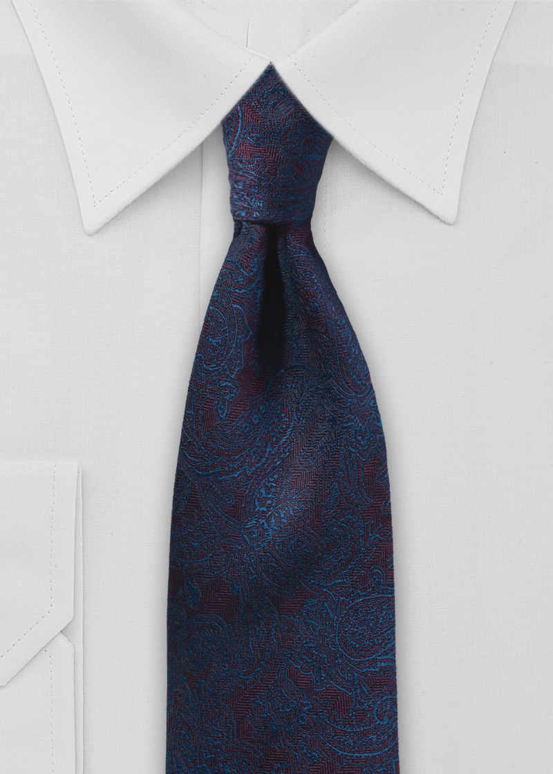 Zijden stropdas - Bordeaux met blauwe paisley